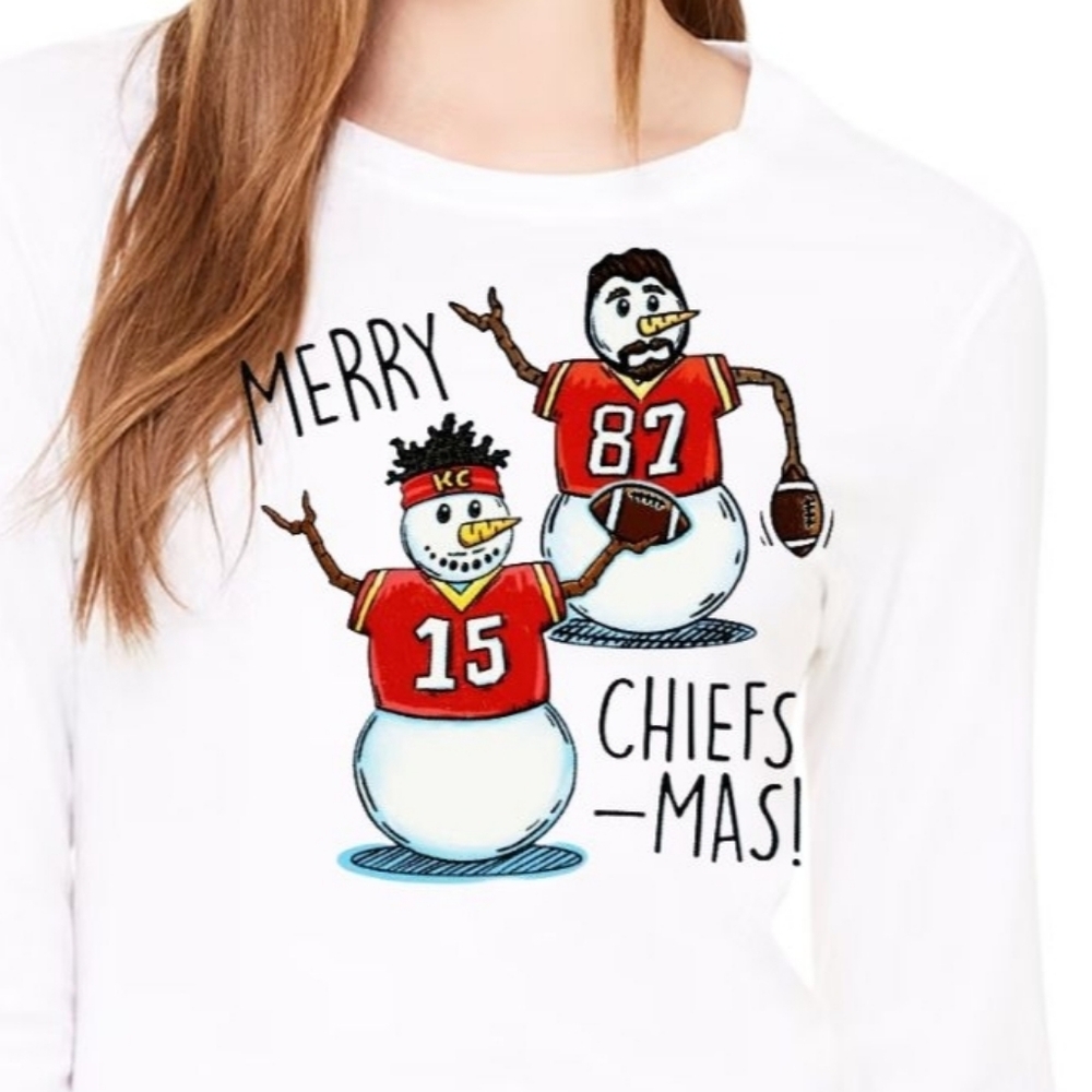 Merry Chiefs-mas Mahomes and Kelce Snowmen Long Sleeve White T-Shirt - Picture 2 of 2